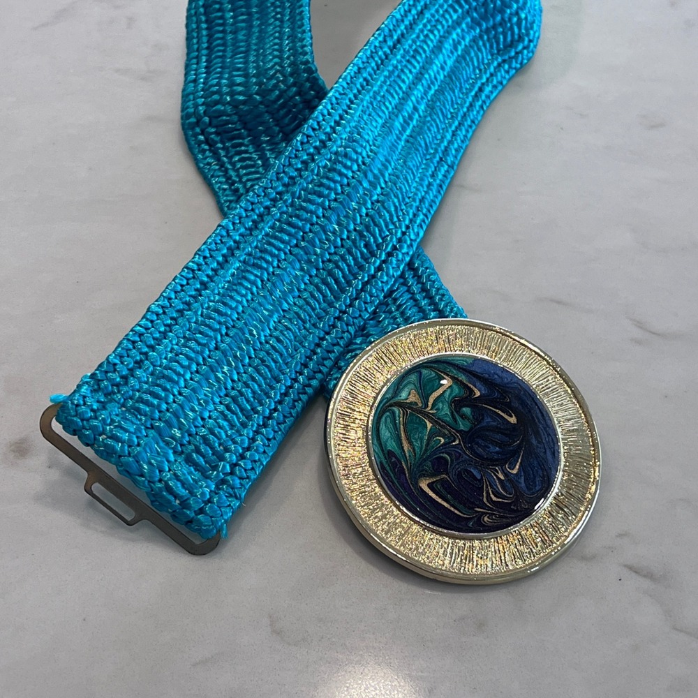 Vintage Karu Arke Turquoise Blue Woven Elastic Cinch Belt Marbled Enamel Buckle